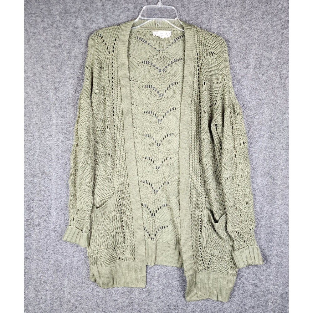 Pink Republic Cardigan Women Large Shaded Moss Green Pointelle Open Front Knit